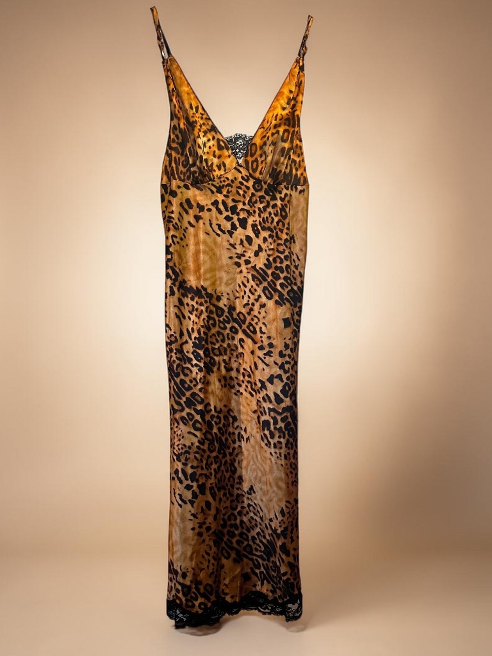 Vintage 80's Leopard-Print Slip Midi Dress - Tan/Black (Size 16-18)